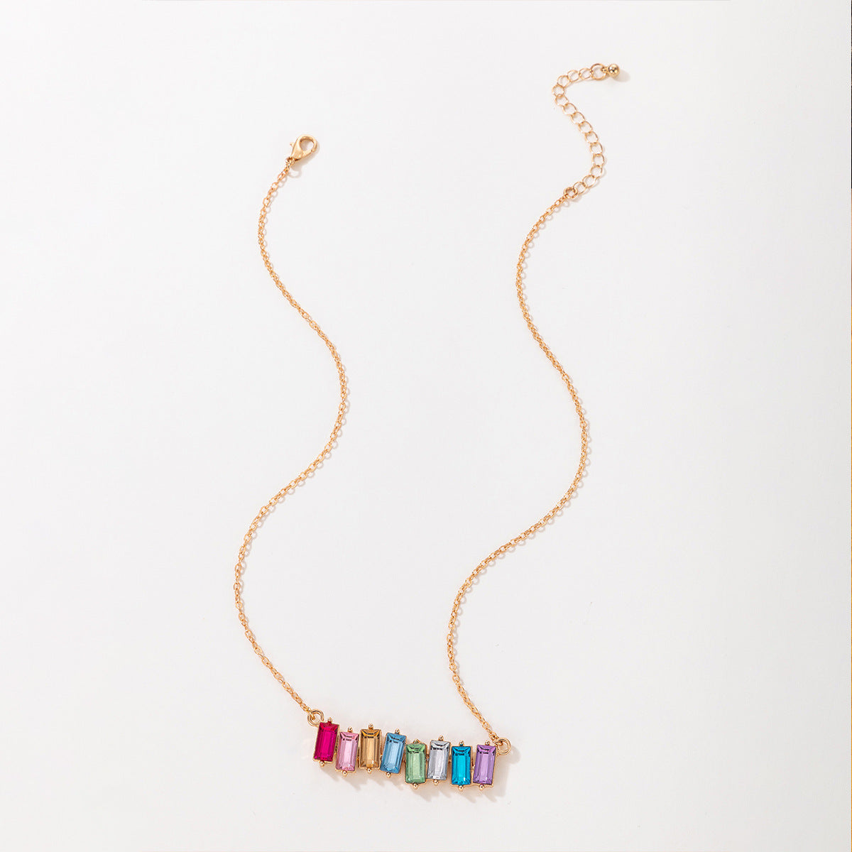 European and American Style Jewelry Colorful Square Inlaid Diamond Single Necklace Geometric Chain Imitation Gemstone Single Layer Collarbone Chain