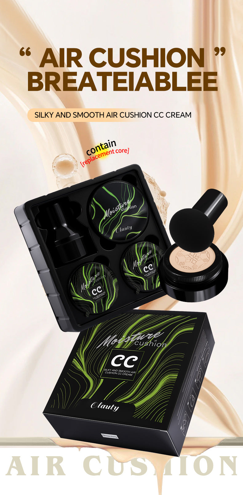 Genuine Air Cushion BB Cream Waterproof Concealer with Makeup Brush and Puff CC Cream Four-Piece Set20g*3Version