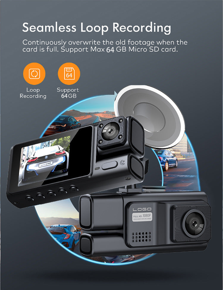 New S19HD Night Vision Three-Channel Dash Cam1080P HD Rearview Mirror Three-Lens Reversing Image