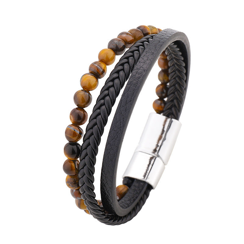 Vintage Multi-layer Hand-woven Bracelet Men's Simple Gift Bracelet Alloy Magnetic Clasp Tiger Eye Stone Leather Bracelet