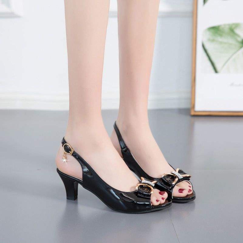 35-44 plus Size Women's Shoes42Fish Mouth Sandals Women Thick Heel Rhinestone Bow Buckle Strap Summer Women Shoes High Heels43