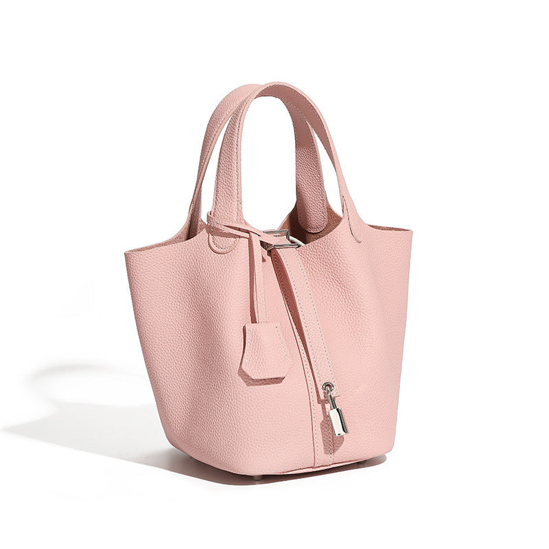 Top Layer Cowhide Vegetable Basket Bag for Women, Light Luxury Versatile Handbag, Niche Design, High-Quality Texture, Large Capacity Bucket Bag