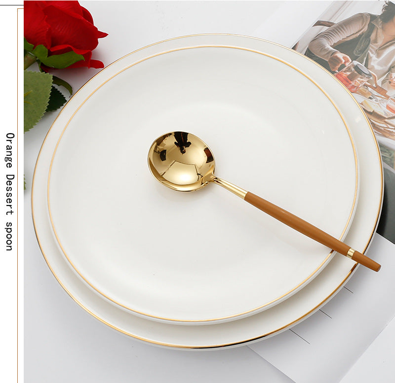 304Stainless Steel Portuguese Tableware Creative Lathe Craft Glossy Mirror Black Gold Round Spoon Dessert Spoon Fork