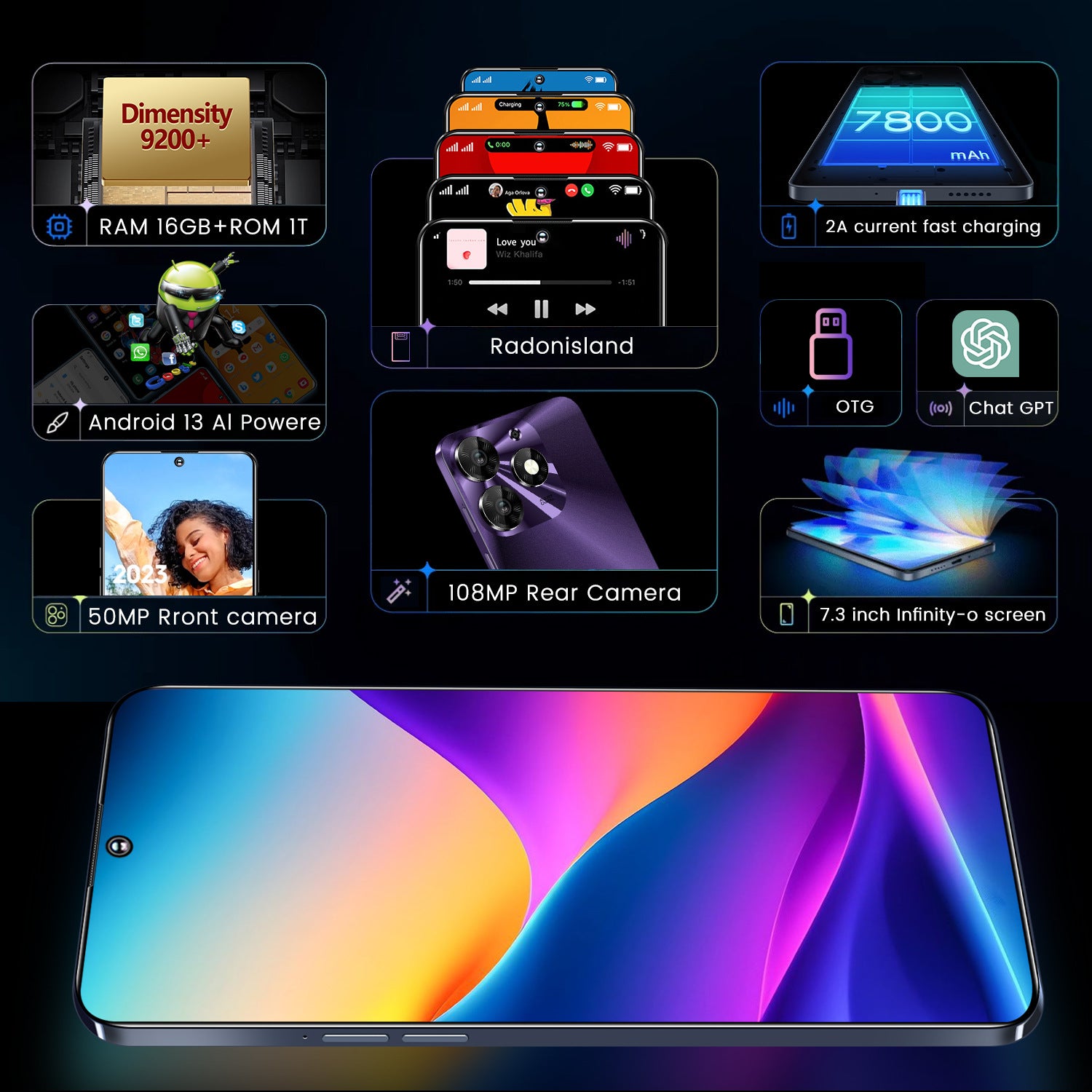 Mobile Phone Spark10 Pro 7.3Inch incell Large Screen16+1T Factory Smartphone(Popular)