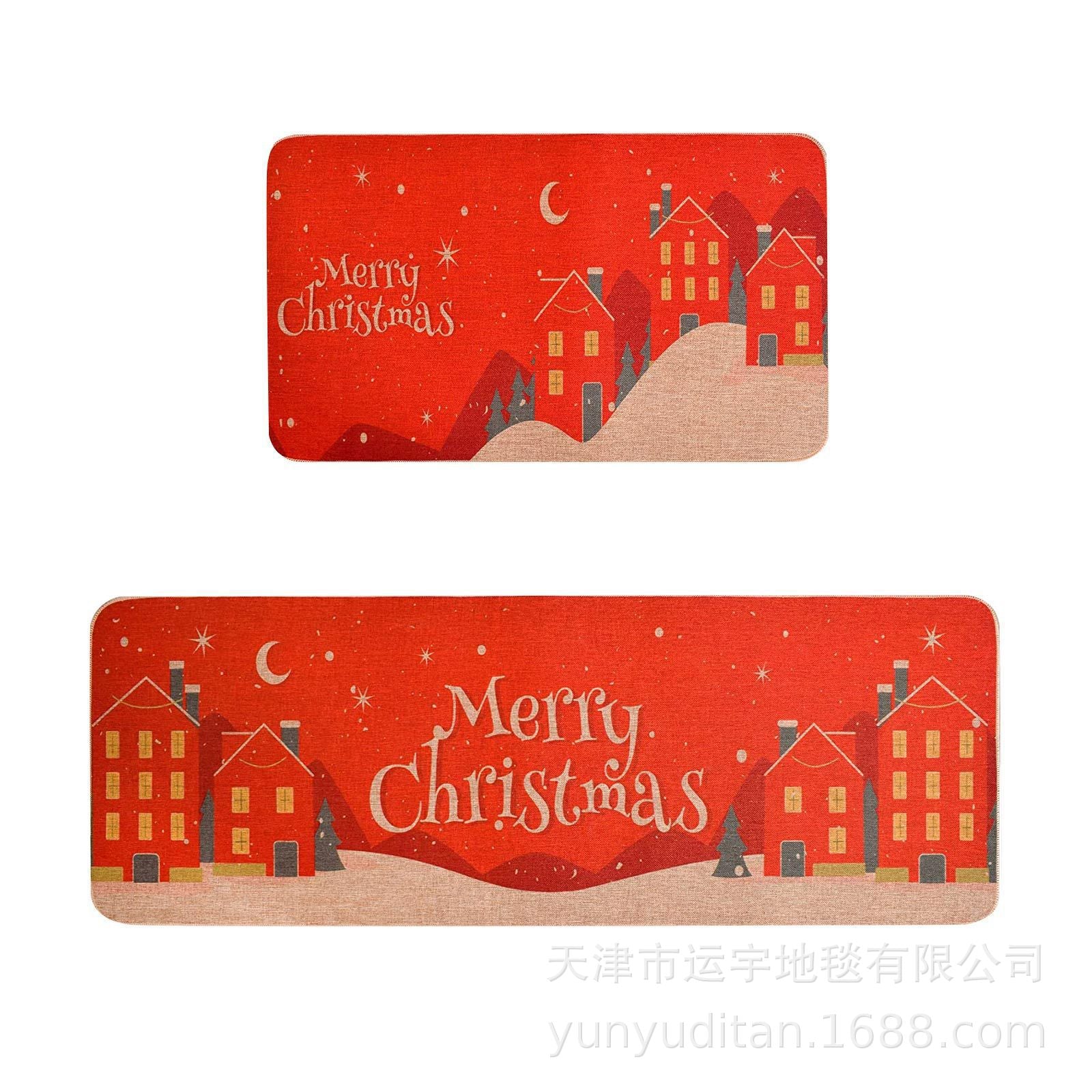 Christmas Kitchen Floor Mat Two-Piece Set Crystal Velvet Water-Absorbent Oil-Absorbent Non-Slip Foot Mat Holiday Decorative Floor Mat