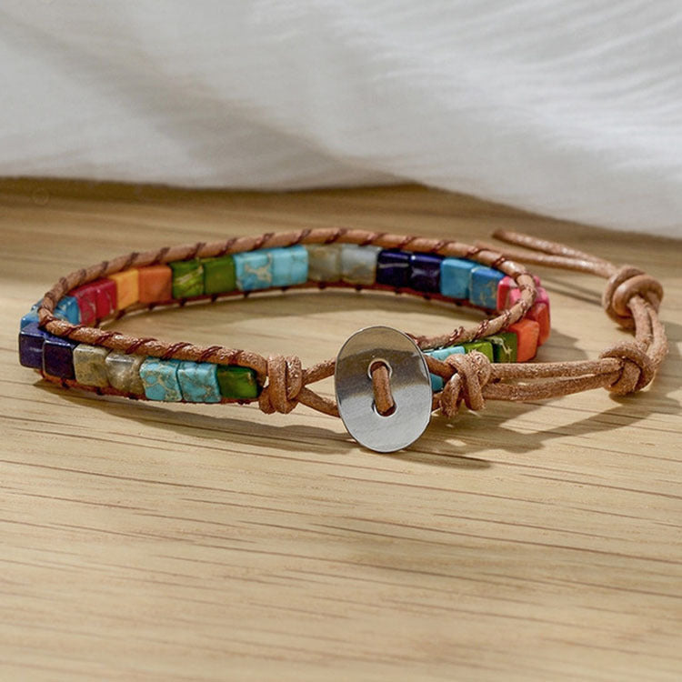 European and American Style Women's Bohemian Bracelet Vintage Emperor Stone Bracelet Handmade Woven Leather Cord Bracelet