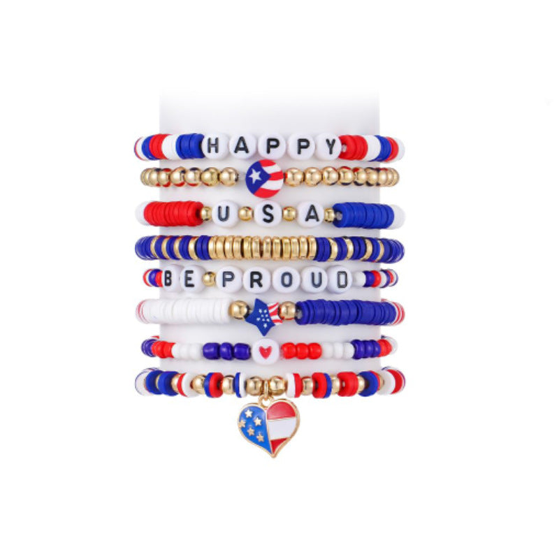 Alphabet Soft Clay Bracelet Women's Gift Freedom and Happiness Red White Blue Eight-piece Set European and American Independence Day Soft Clay Bracelet