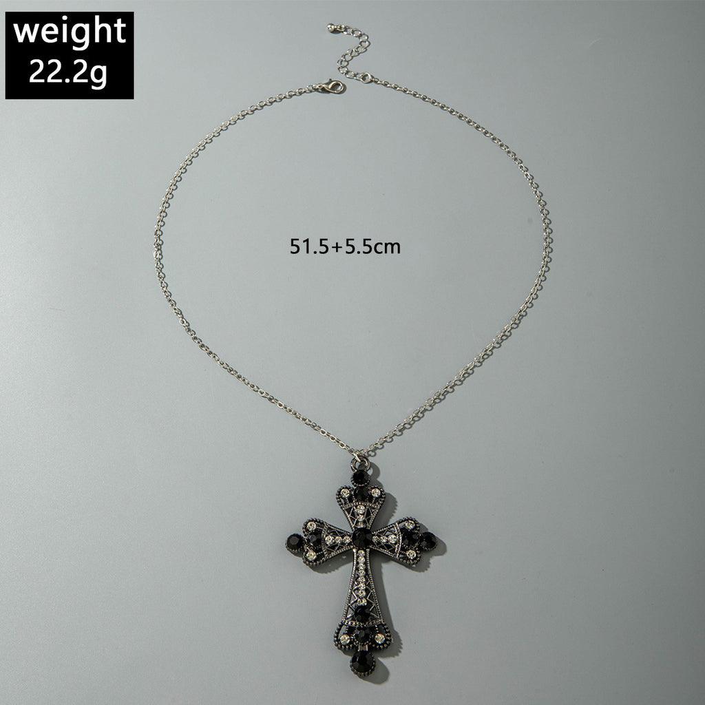 European and American Retro Hollow Diamond Cross Pendant Necklace Gothic Style Black Layered Wear Y Type Necklace