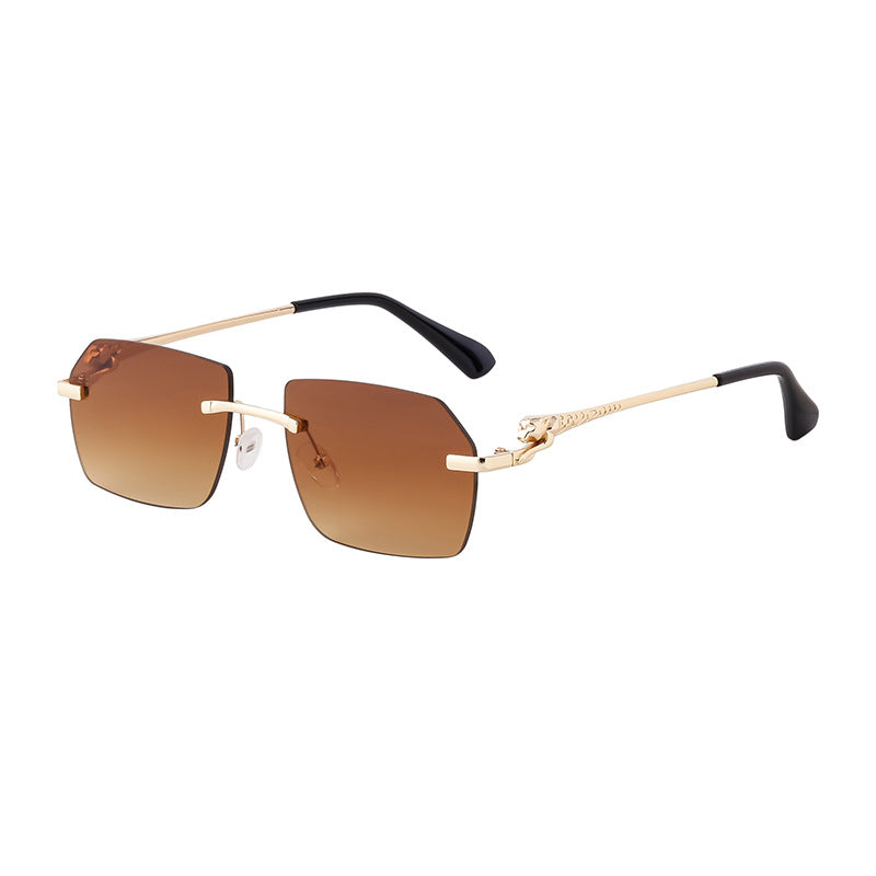 European and American Frameless Cut Edge Leopard Temple Sunglasses for Men Retro Square Frame Driving Sun Protection Sunglasses Wholesale Glasses