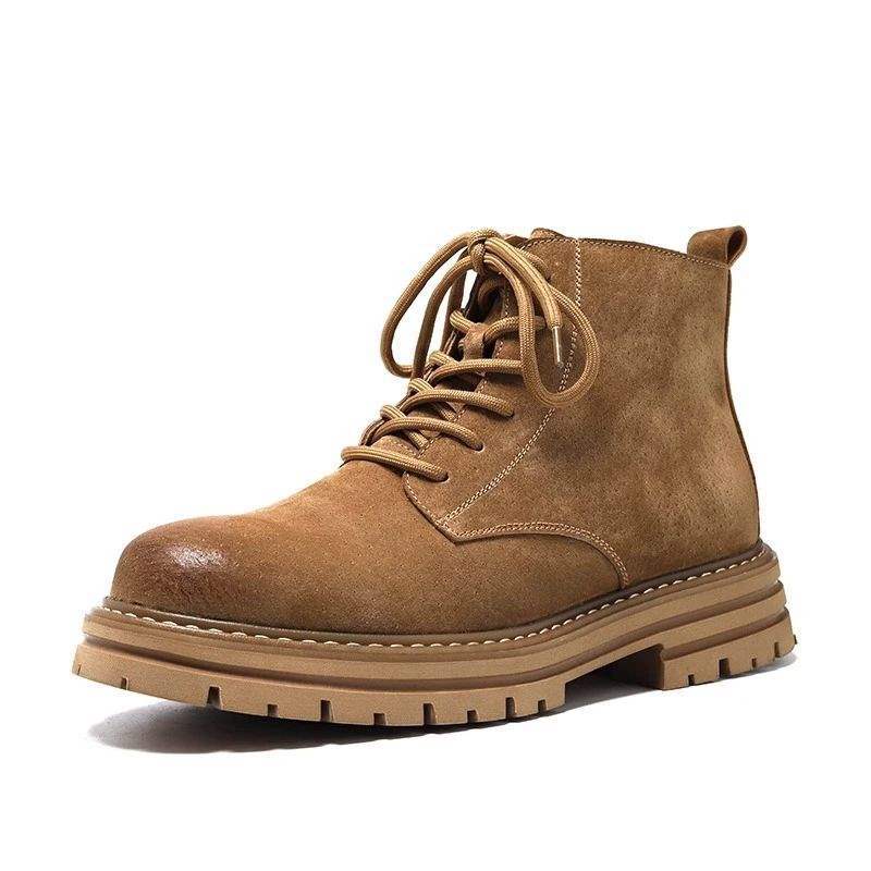 New High-top Men's Leather Shoes Single Lining Fleece Martin Boots Retro Classic Trendy Workwear Casual Yellow Boots