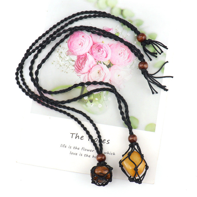Men's Woven Mesh Necklace Natural Stone Crystal Vintage Sweater Chain Tiger Eye Stone Lapis Lazuli Amethyst Mesh Necklace