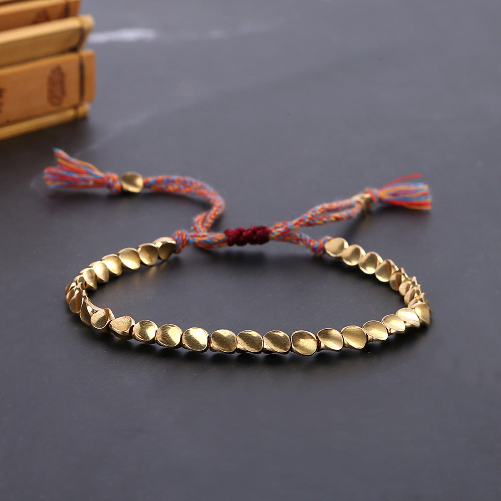 Women's Braided Rope Bracelet with Irregular Copper Beads, European and American Style, Adjustable Tassel Bracelet