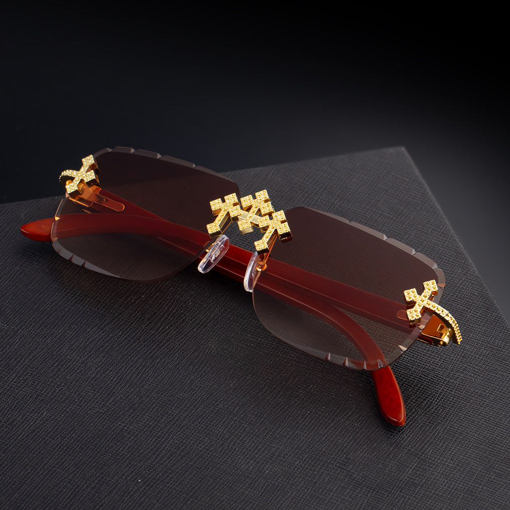 2025New European and American Retro Frameless Sunglasses for Men with Diamond Cut Edge and Imitation Wood Grain Temples Wholesale