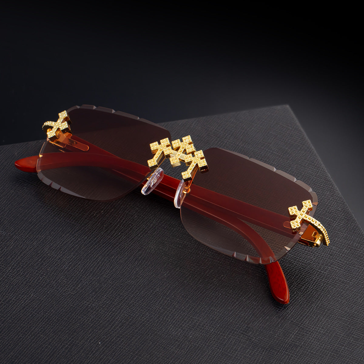 2025New European and American Retro Frameless Sunglasses for Men with Diamond Cut Edge and Imitation Wood Grain Temples Wholesale