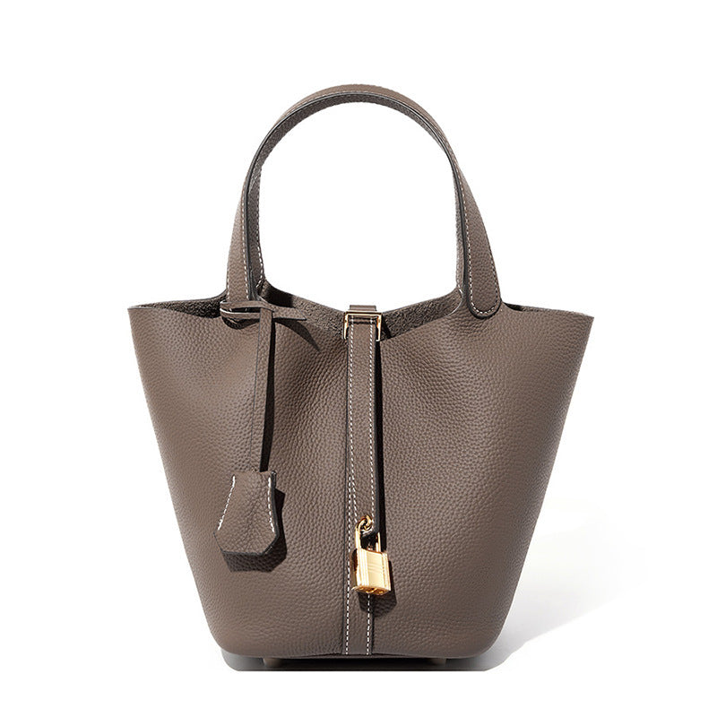Top Layer Cowhide Vegetable Basket Bag for Women, Light Luxury Versatile Handbag, Niche Design, High-Quality Texture, Large Capacity Bucket Bag