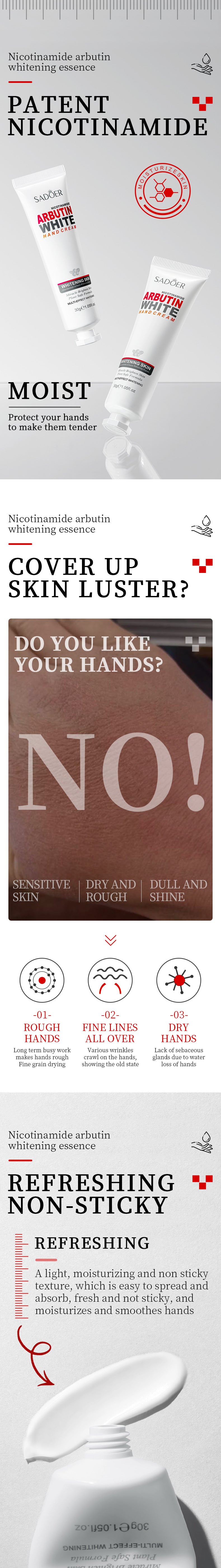 Whitening Hand Cream SADOER Niacinamide Arbutin Skin Rejuvenation Moisturizing Hand Cream  Wholesale