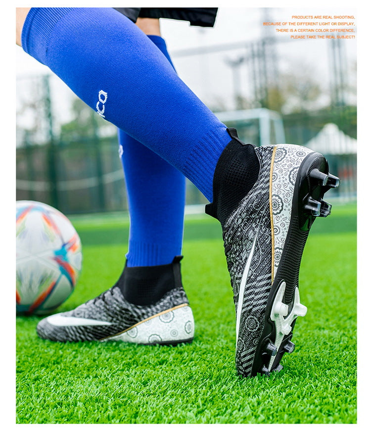World Cup Same Style Blue and White Porcelain High-top Soccer Shoes for Men and Women, Children and Youth Competition Training Shoes