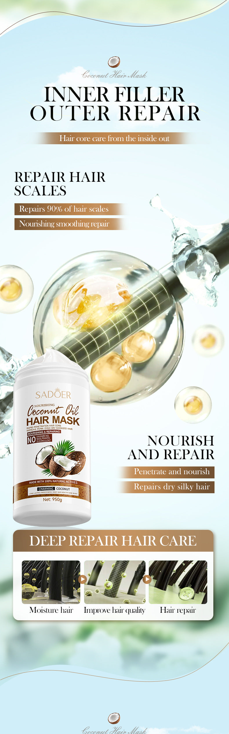 Coconut Nourishing Hair Mask950g SADOER Smooth and Fluffy Hair Conditioner  Wholesale