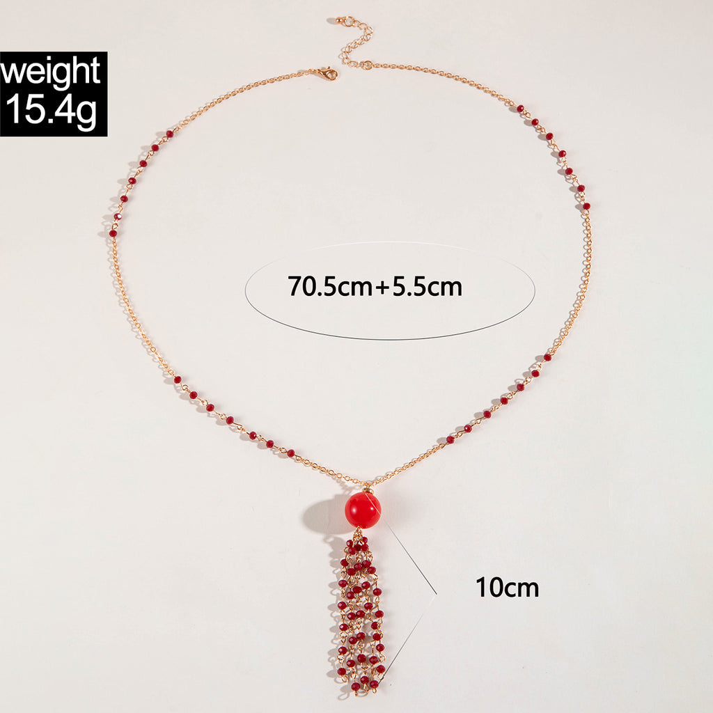 Simple Colorful Beaded Tassel y Chain Necklace Elegant Versatile Diamond-Studded Sweater Chain Jewelry
