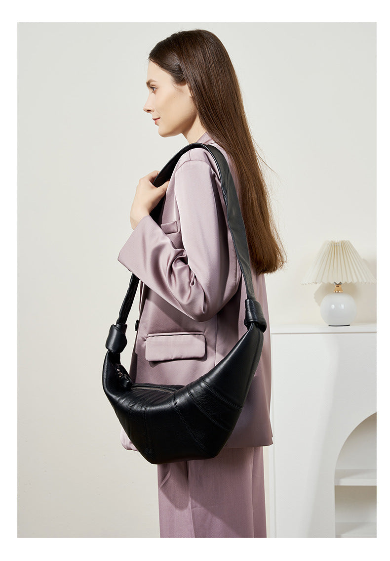 French Niche First Layer Sheepskin Croissant Bag Crossbody Lazy Style Genuine Leather Shoulder Crossbody Dumpling Bag for Women