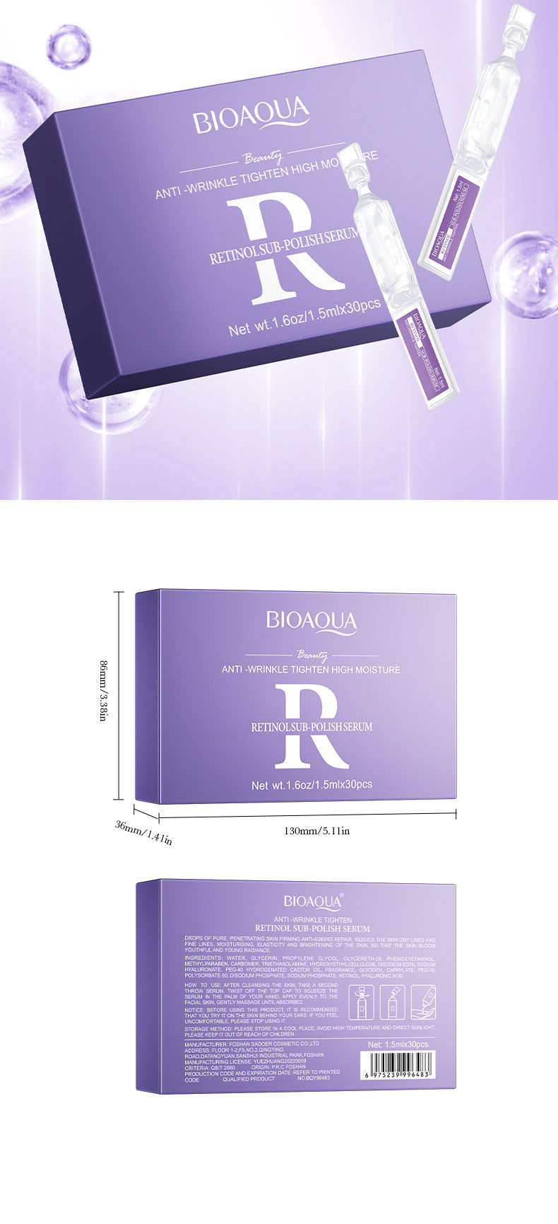 Retinol Anti-Wrinkle Serum BIOAOUA Firming and Moisturizing Single-use Essence Liquid  Wholesale
