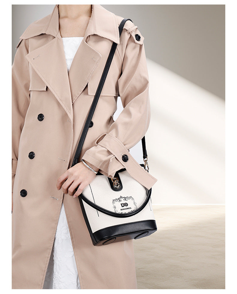 Korean Style Simple Canvas Contrast Color Bucket Bag Women's Stitching Portable and Fashion Women's Bag Versatile Messenger Bag