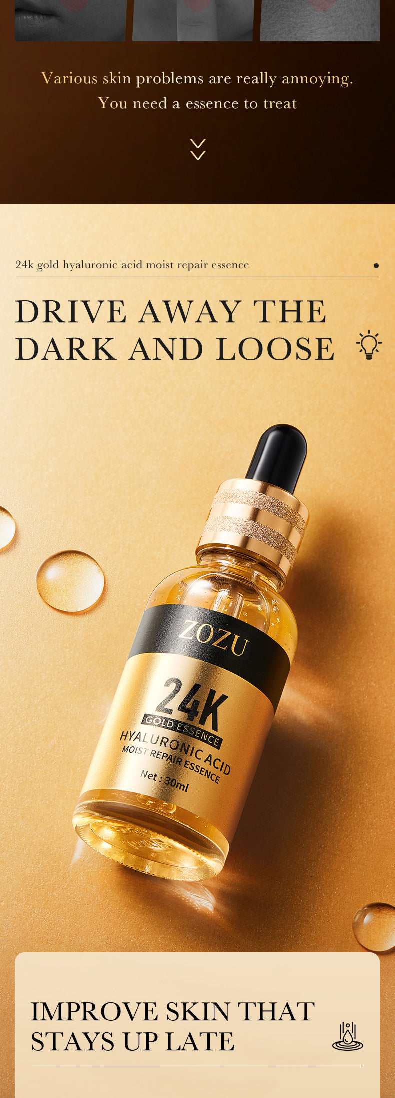24K Gold Essence ZOZU Hyaluronic acid moisturizing and hydrating skincare wholesale for  trade