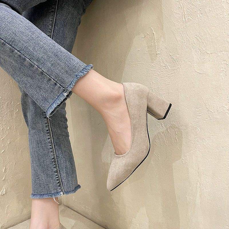 Etiquette Black Large Size High Heels Shallow Mouth Pointed Toe Non-Chafing Single Shoes Women Chunky Heel Professional Versatile Mid-Heel Work Shoes