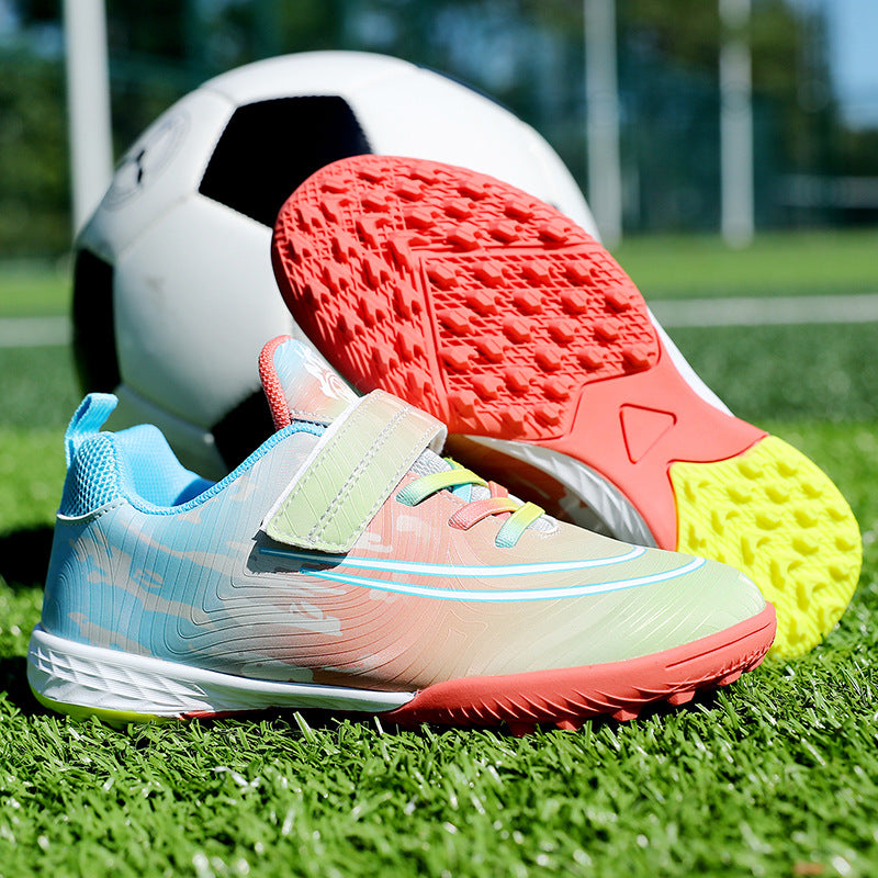 New Football Shoes for Men, Women, and Children, Imitation Leather Low-Top Anti-Collision Spike Magic Tape Grass Training Sports Shoes