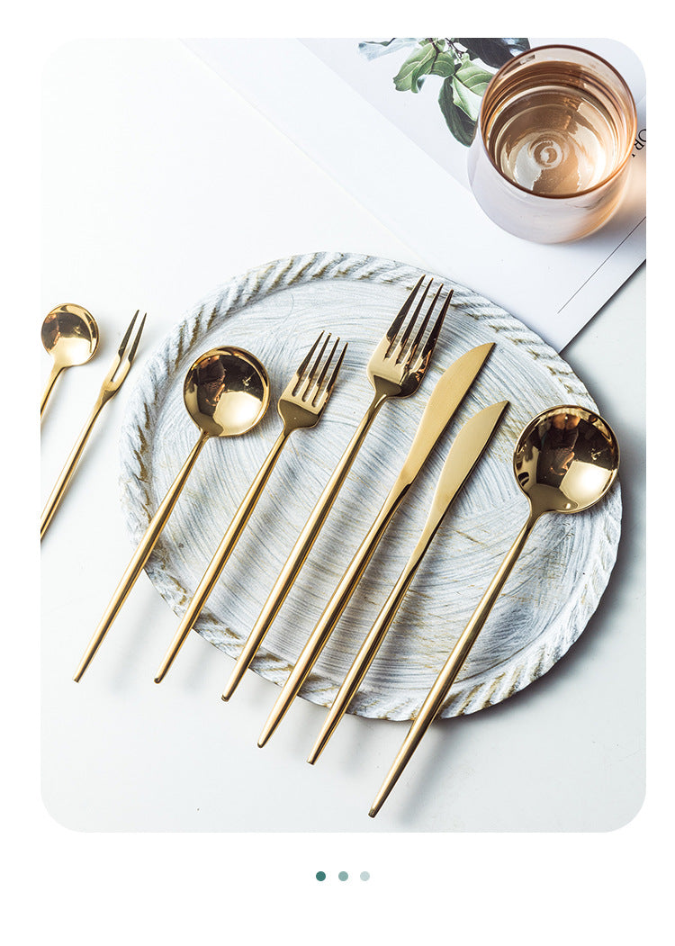 Portuguese Tableware304Glossy Round Handle Main Dinner Knife Fork Spoon Thick Mirror Dessert Spoon Fruit Fork Ice Spoon