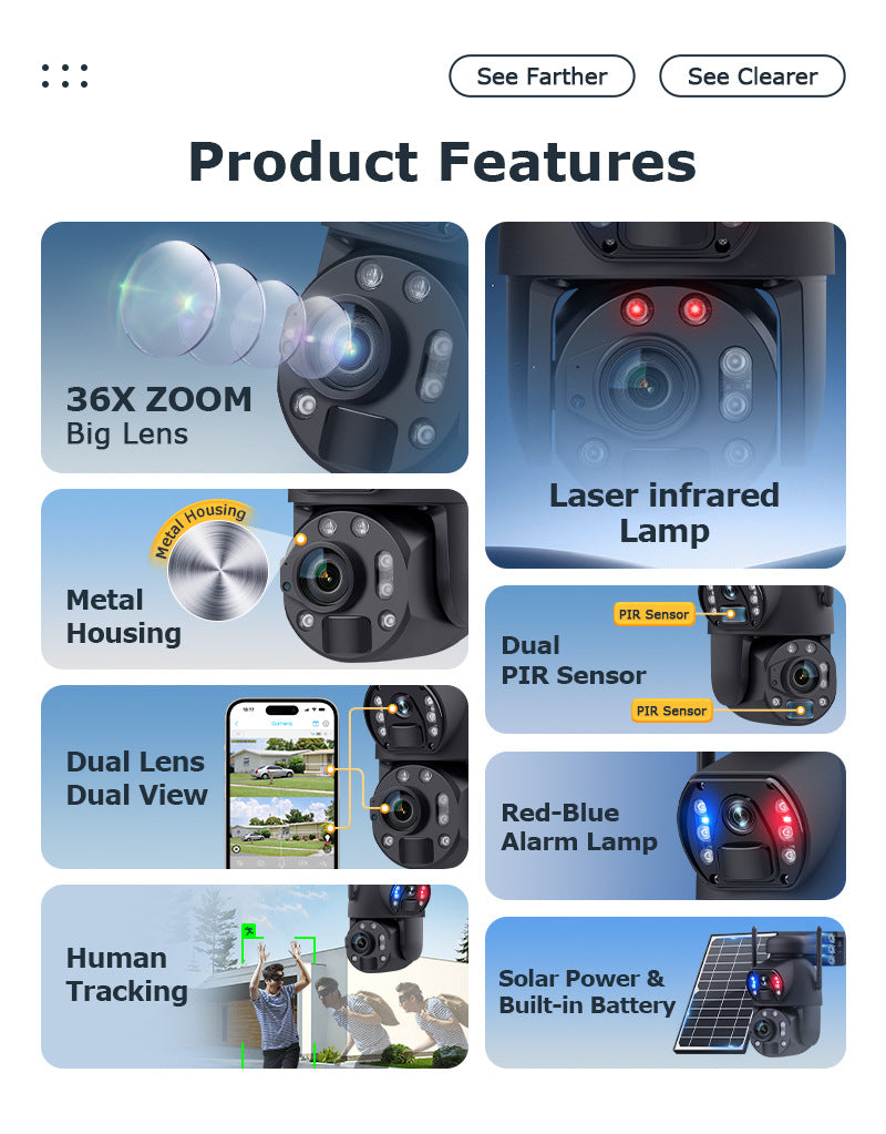 6MP High Definition Bullet Camera36Optical zoom outdoor full color night vision4G Wireless Solar Camera