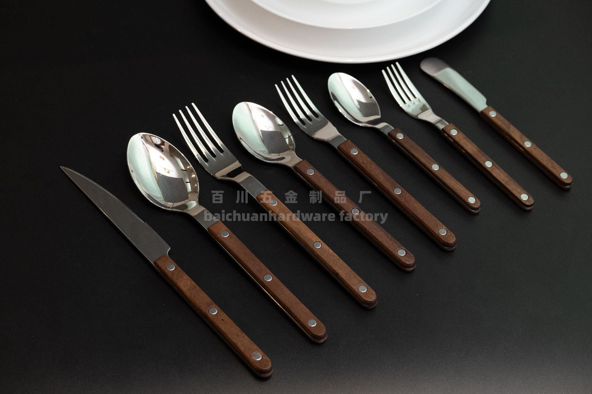 French Style Solid Wood Walnut Handle Western Cutlery Stainless Steel Knife Fork Spoon Wholesale Household Kitchen Western Restaurant