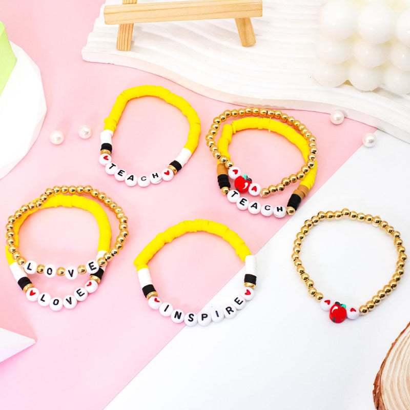 Teacher's Day Thank You Bracelet Set Stackable Soft Clay Heart Gift for Teachers Teach Alphabet Soft Clay Bracelet