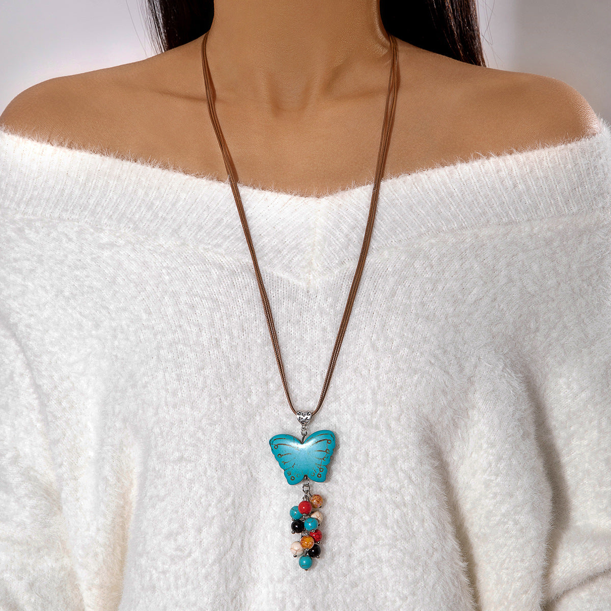 Simple Colorful Beaded Tassel y Chain Necklace Elegant Versatile Diamond-Studded Sweater Chain Jewelry