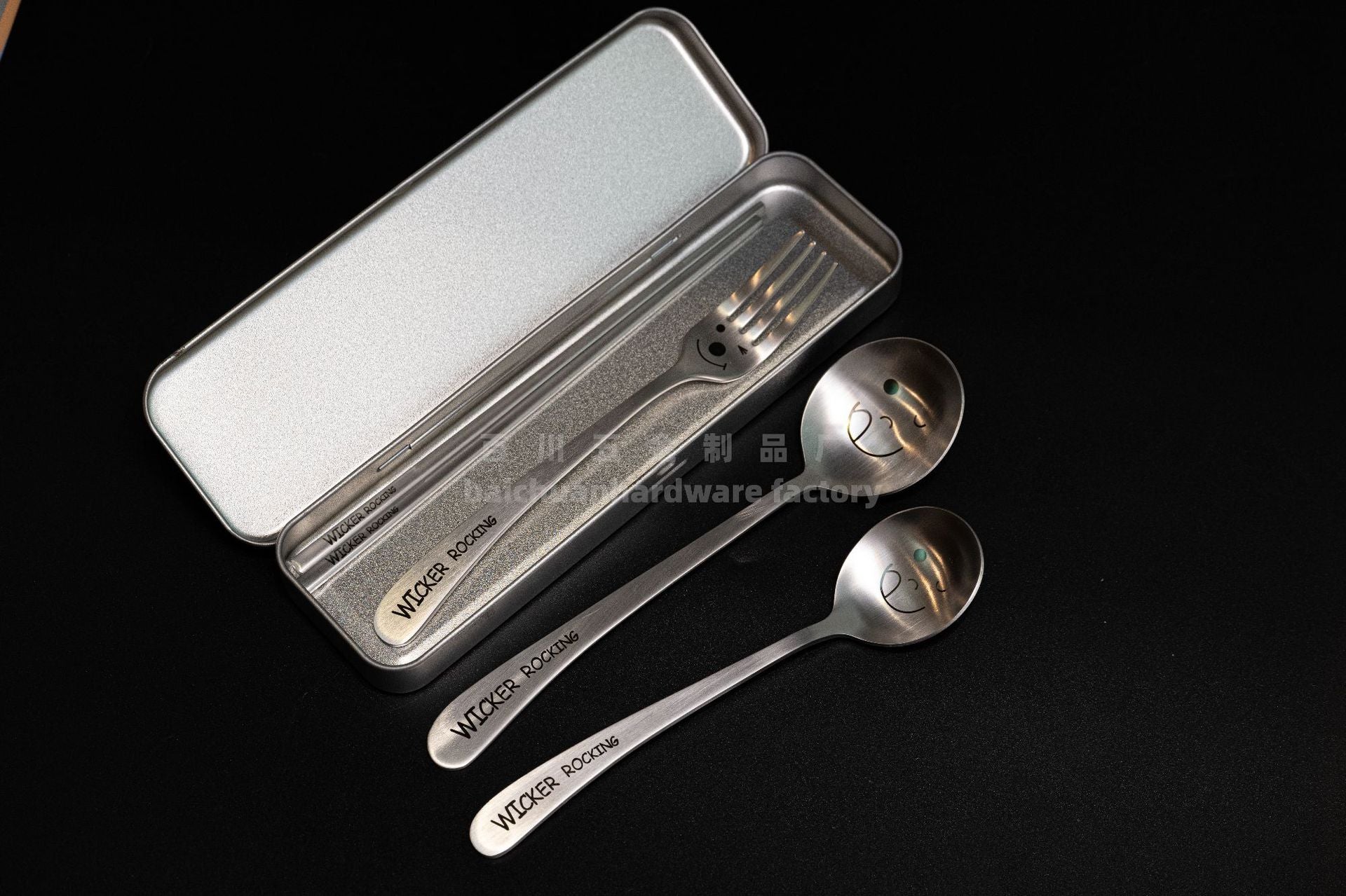 304Stainless Steel Creative Smiley Face Slanted Handle Laser Spoon Chopsticks Fork Student Tableware Full Set Gift Children's Tableware