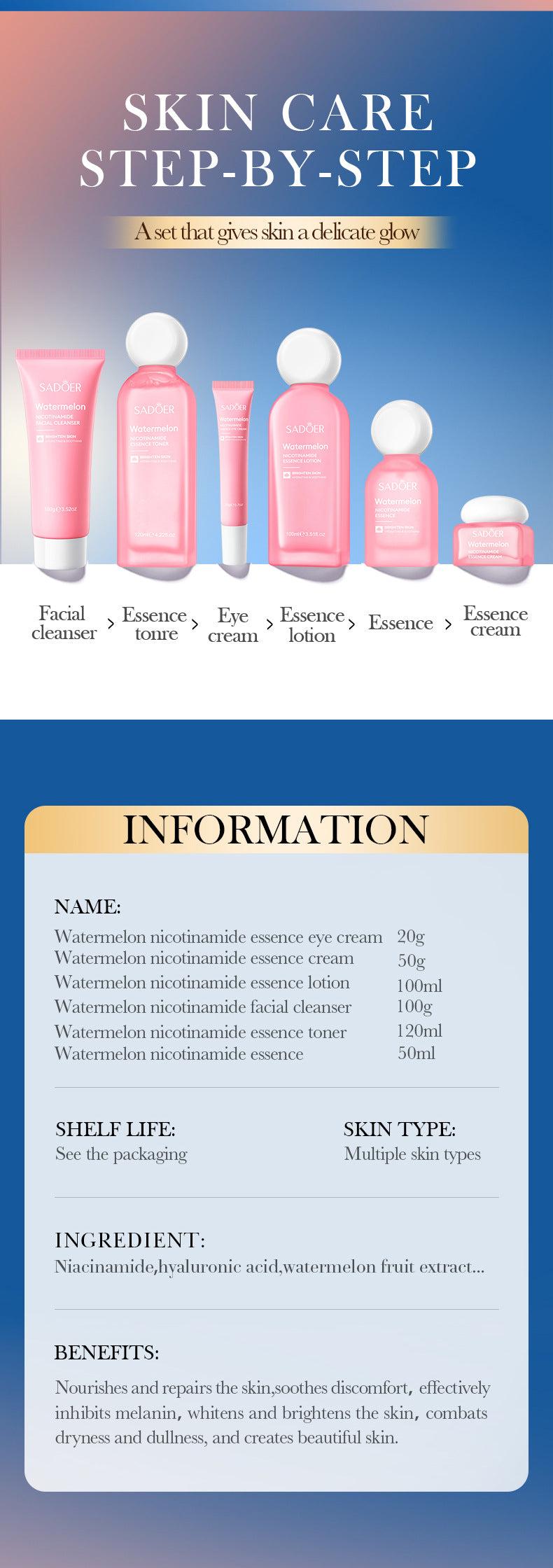Watermelon Niacinamide Six-Piece Set SADOER Moisturizing and Hydrating Set Box  Wholesale