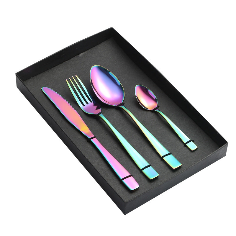 410Stainless Steel Cutlery Western Food Square Handle Knife Fork Spoon4Gift Set Cutlery Set Steak Knife Fork Spoon