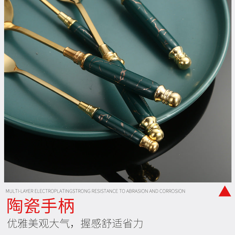 Stainless Steel Cutlery Restaurant Western Steak Knife Fork Imitation Marble Pattern Ceramic Handle Knife Fork Spoon Tea Spoon Tea Fork Set