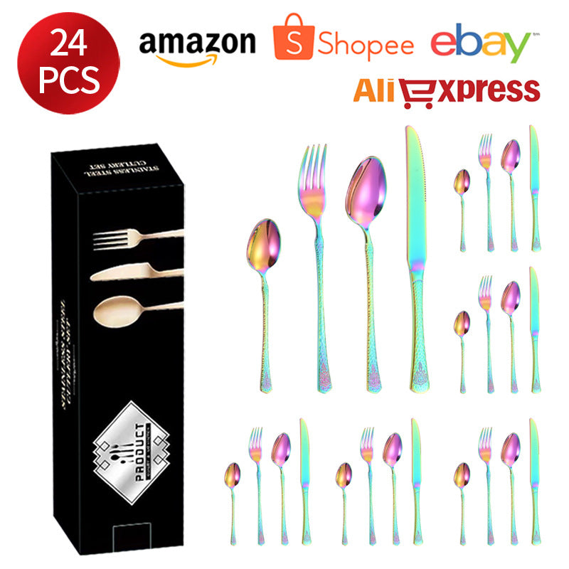 Stainless Steel Tableware Hotel Restaurant Crown Hammered Knife Fork Spoon24Set of Western Steak Knives and Forks