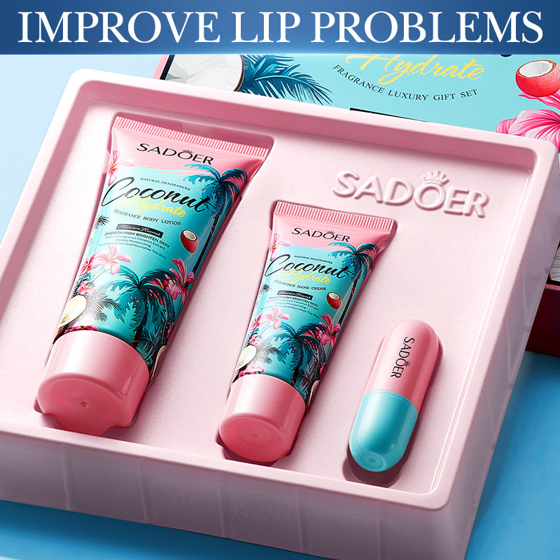 Coconut Fragrance Luxury Care Gift Box SADOER Hydrating Body Lotion Hand Cream Lip Balm  Wholesale