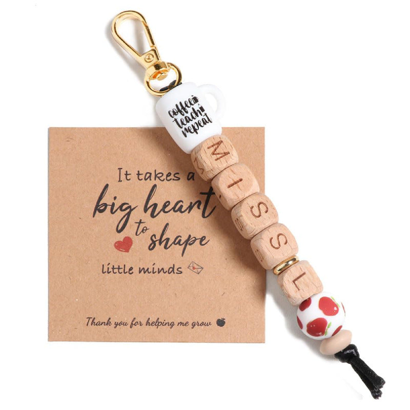 Teacher Appreciation Water Bottle Pendant Thank You Teacher Apple Ornament MISS Letter Square Wooden Bead Keychain Jewelry Accessories