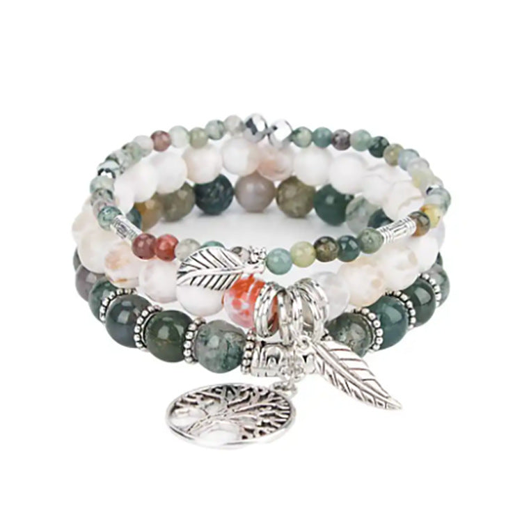 Three-layer Protection Shoushan Stone Bracelet Set Bohemian Leaf Tree of Life Pendant Indian Agate Women's Bracelet
