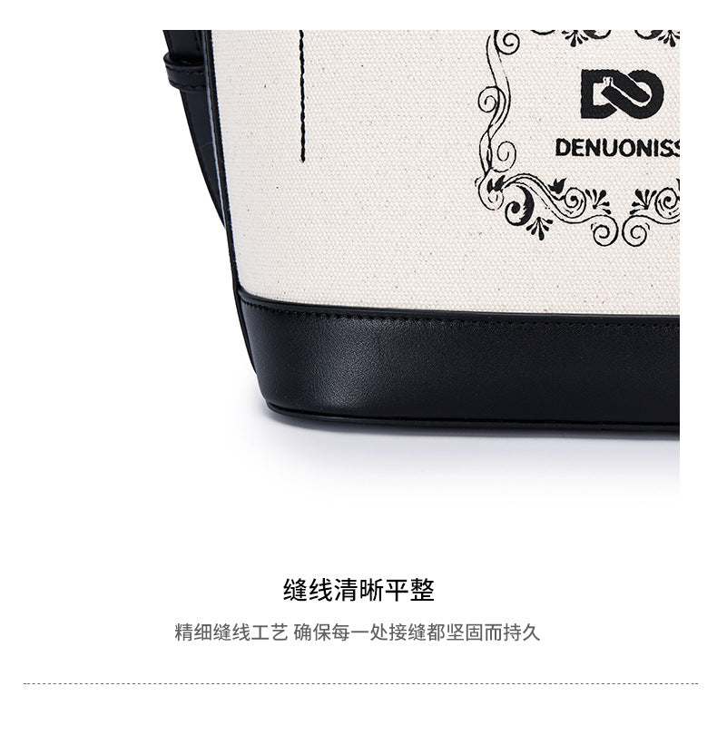 Korean Style Simple Canvas Contrast Color Bucket Bag Women's Stitching Portable and Fashion Women's Bag Versatile Messenger Bag