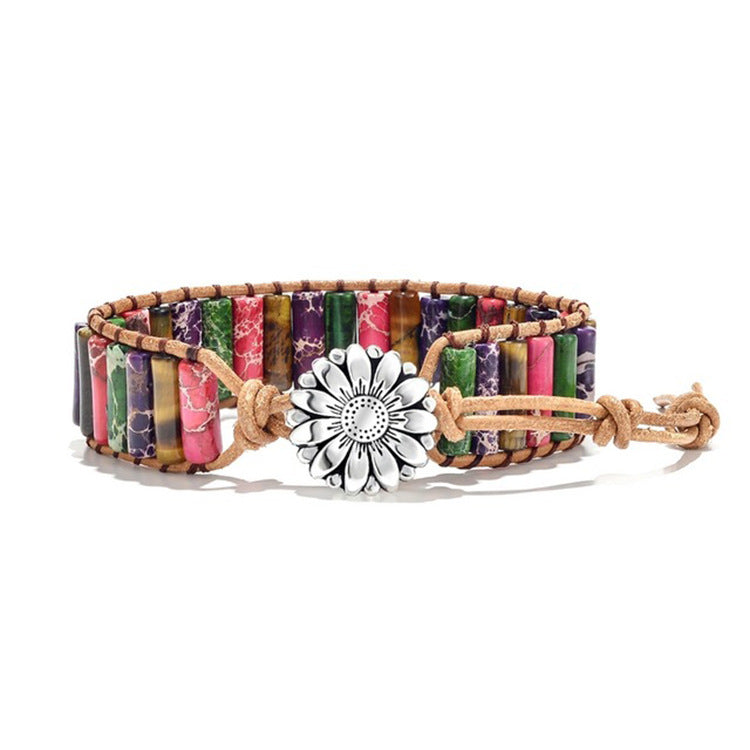 European and American Style Women's Bohemian Bracelet Vintage Emperor Stone Bracelet Handmade Woven Leather Cord Bracelet