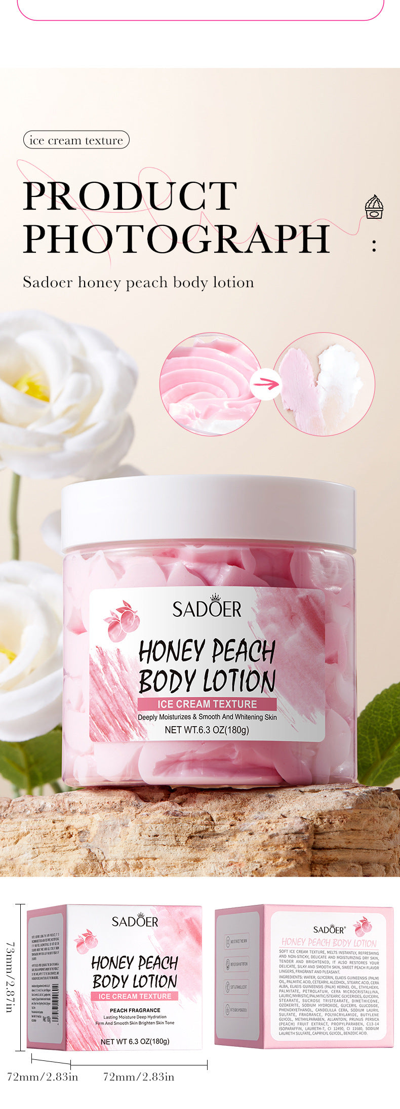 Peach Ice Cream Body Lotion SADOER Moisturizing and Hydrating Body Lotion  Wholesale