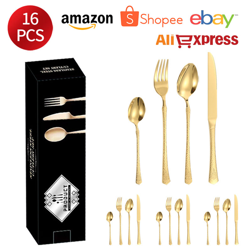 Stainless Steel Tableware Hotel Restaurant Crown Hammered Knife Fork Spoon24Set of Western Steak Knives and Forks