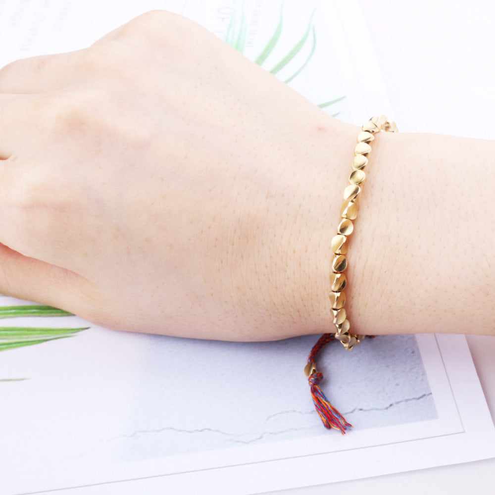 Women's Braided Rope Bracelet with Irregular Copper Beads, European and American Style, Adjustable Tassel Bracelet