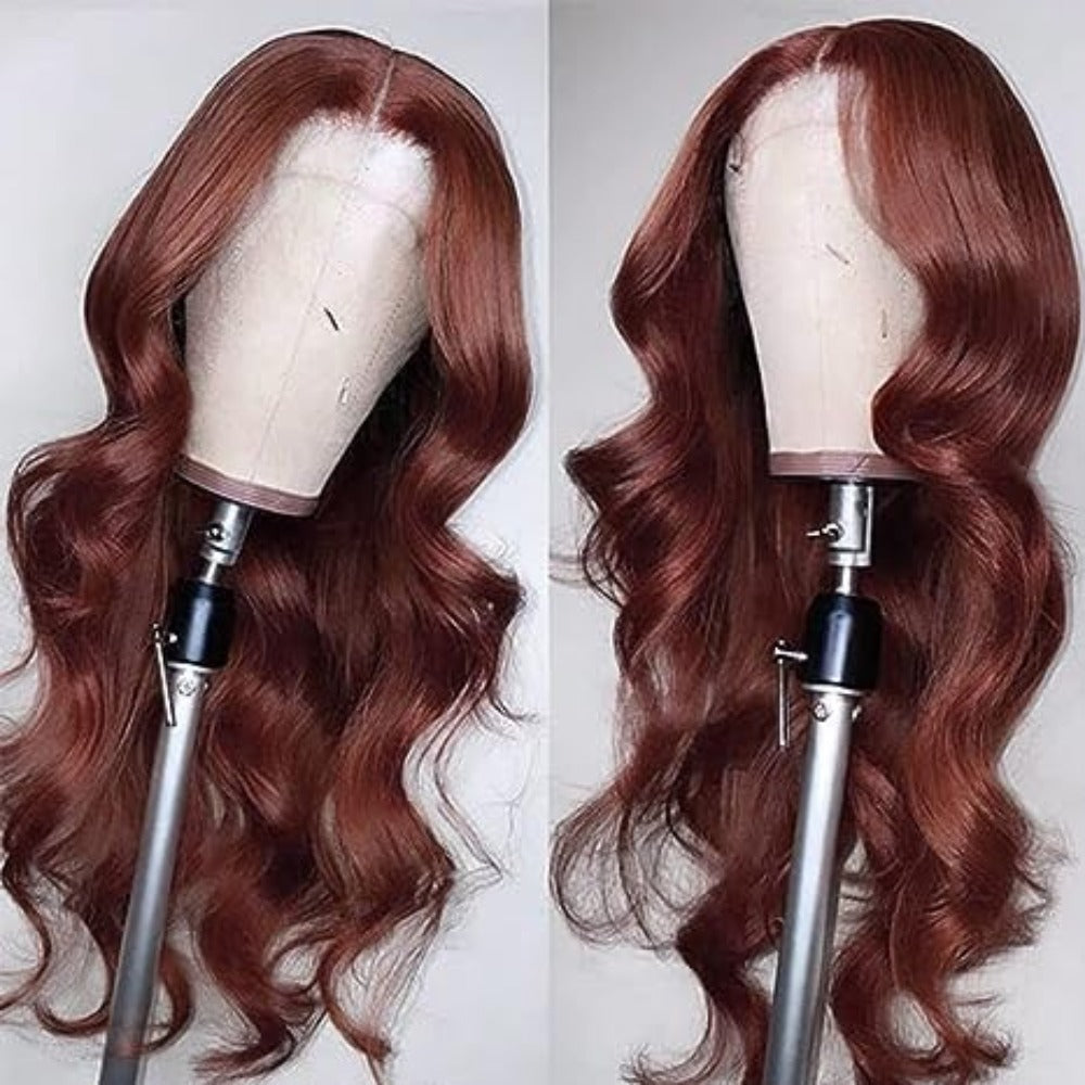13*4Amazon European and American Wig Women's Synthetic Fiber Front Lace Long Curly Hair wig Reddish Brown Big Wave Headband