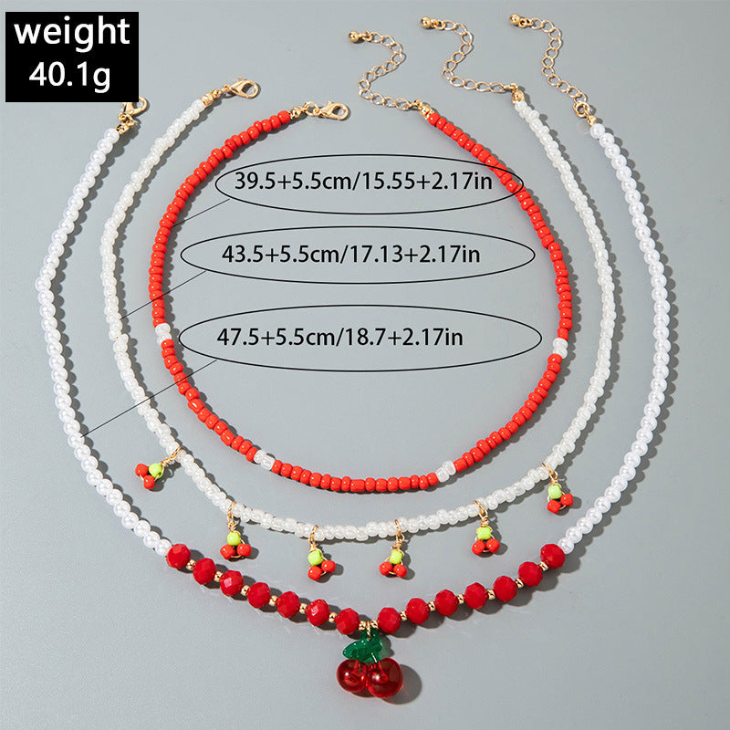 European and American Style Jewelry Light Luxury Imitation Pearl Cherry Necklace High-End Versatile Grass Multi-Layer Stacking Necklace Wholesale