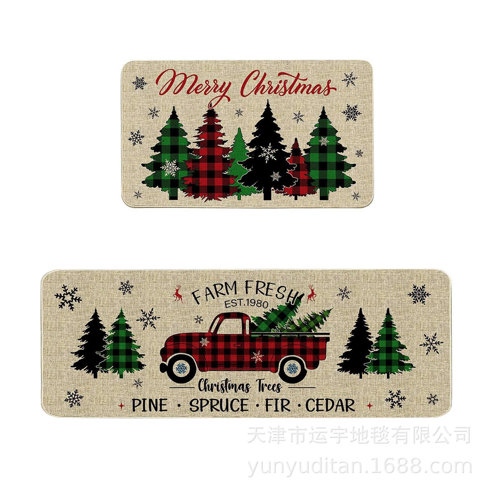 Christmas Kitchen Floor Mat Two-Piece Set Crystal Velvet Water-Absorbent Oil-Absorbent Non-Slip Foot Mat Holiday Decorative Floor Mat
